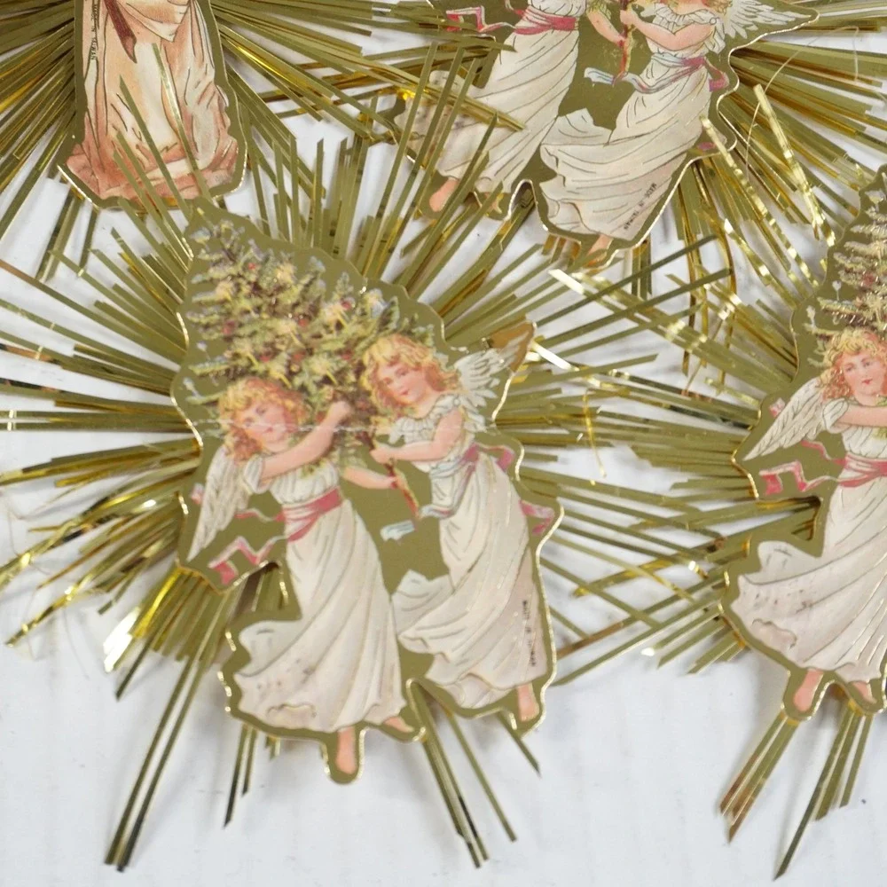 8 Vintage Victorian‎ Style Gold Foil Starburst Angel Paper Christmas Ornaments